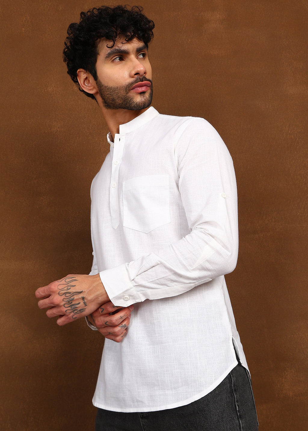Fabmade Pure Ivory Linen Short Kurta | Grocsy