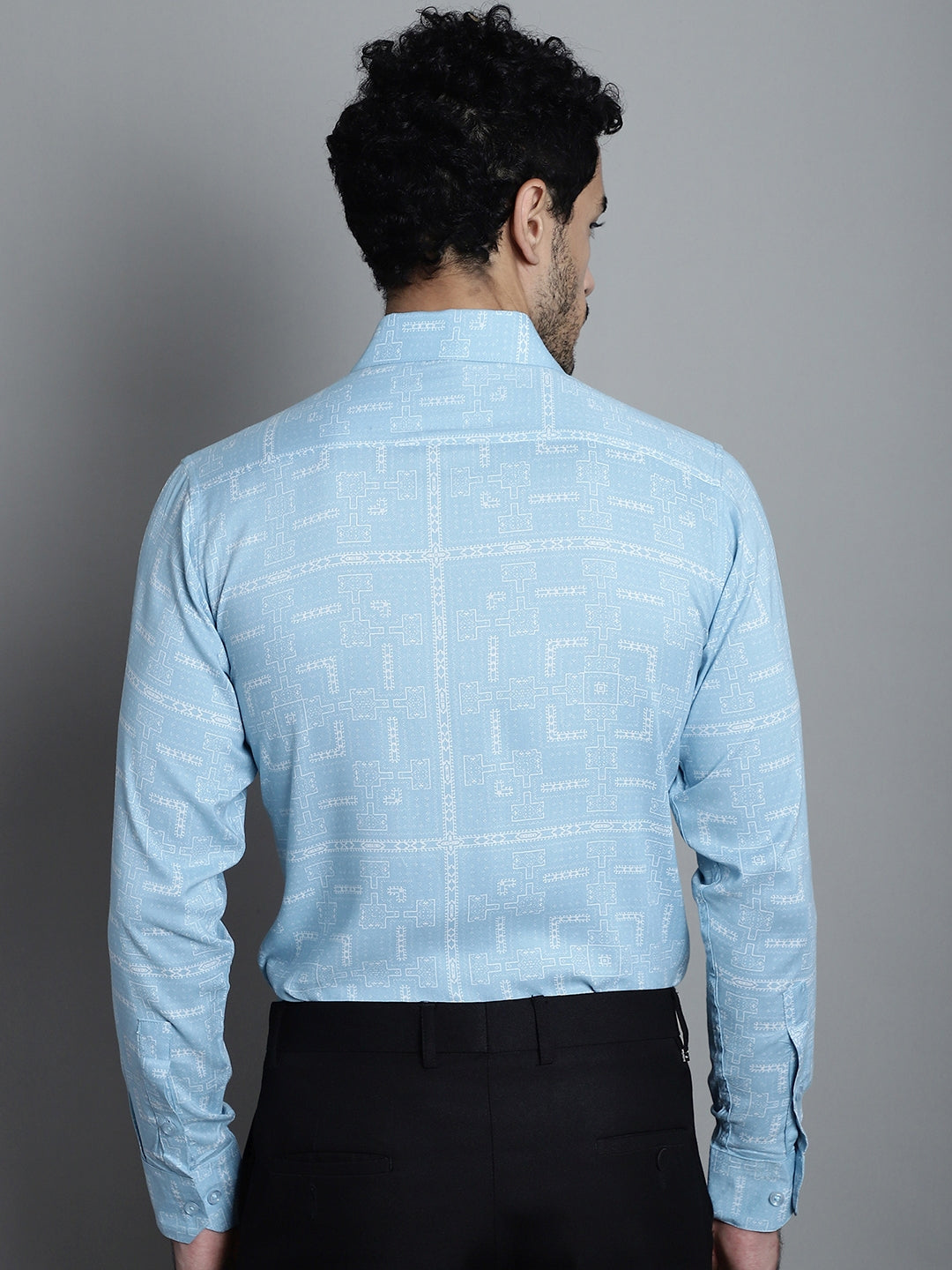 Jainish Men's Geomatric Printed Formal Shirts - Sky Blue | Grocsy