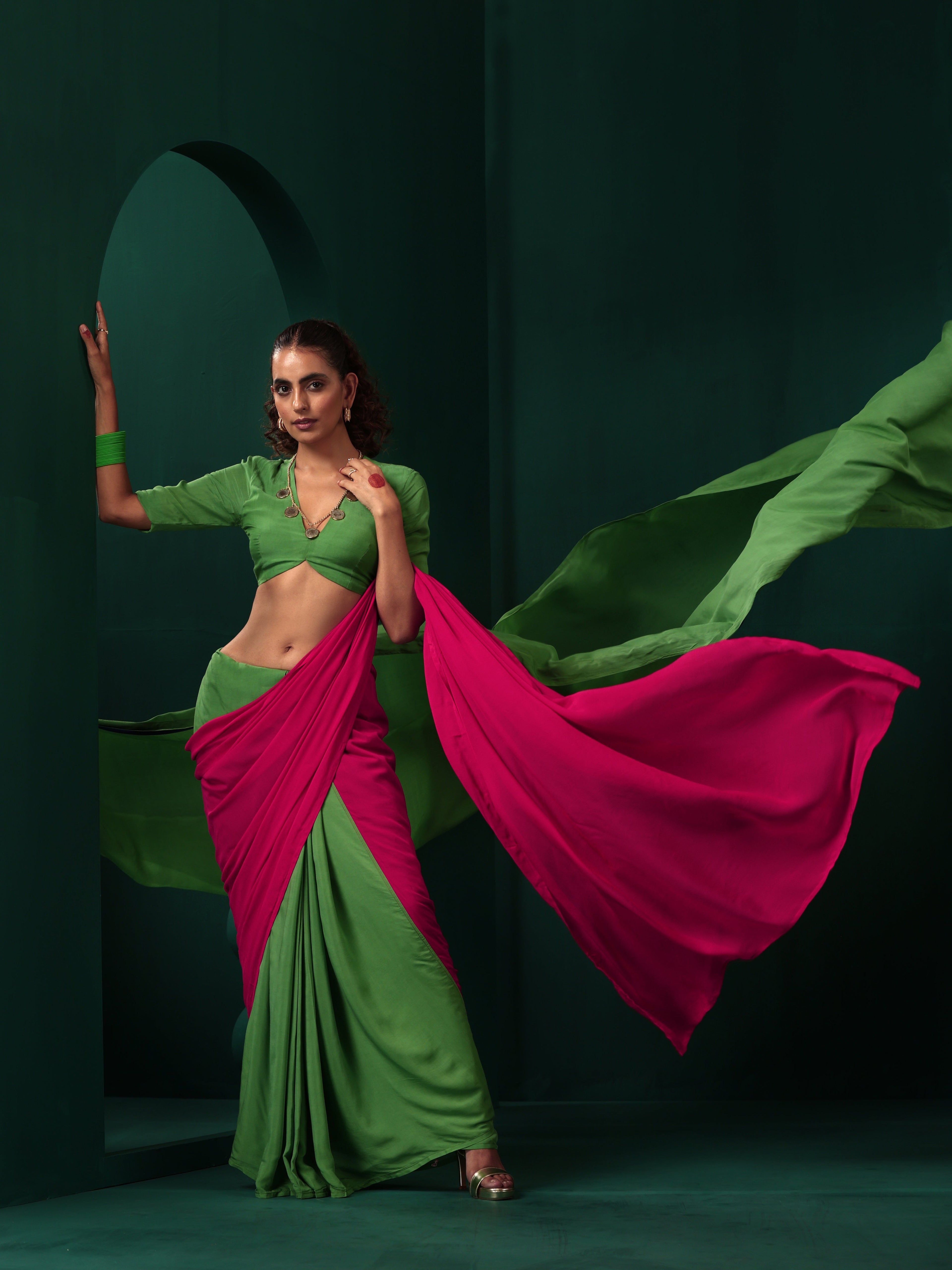 trueBrowns Green Pink Muslin Silk Ready to Wear Saree | Grocsy