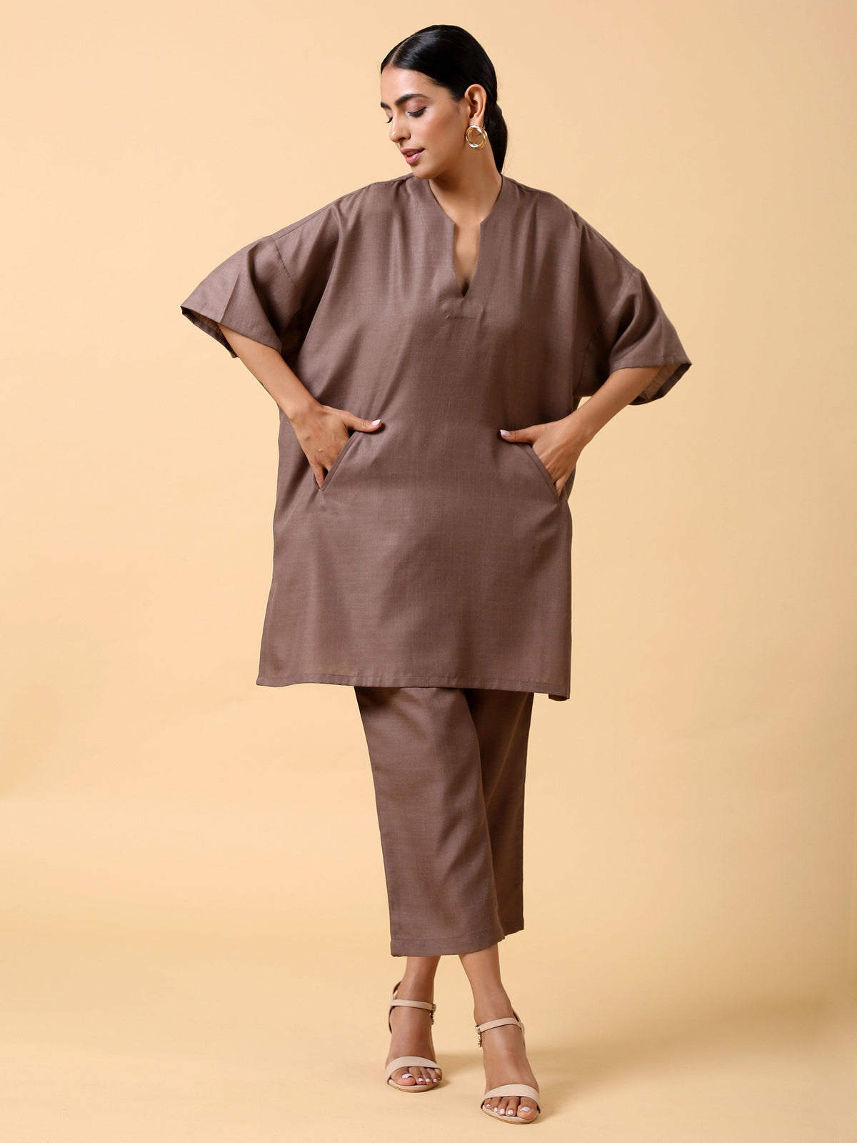 trueBrowns Cotton Linen Burnt Brown Boxy Fit Co-Ord Set | Grocsy