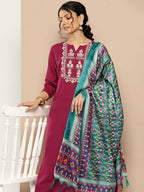 KSUT (House of Varanga) Magenta Kurta With Dori And Zari Embroidered Yoke Paired With Organza Dupatta And Straight Trouser | Grocsy