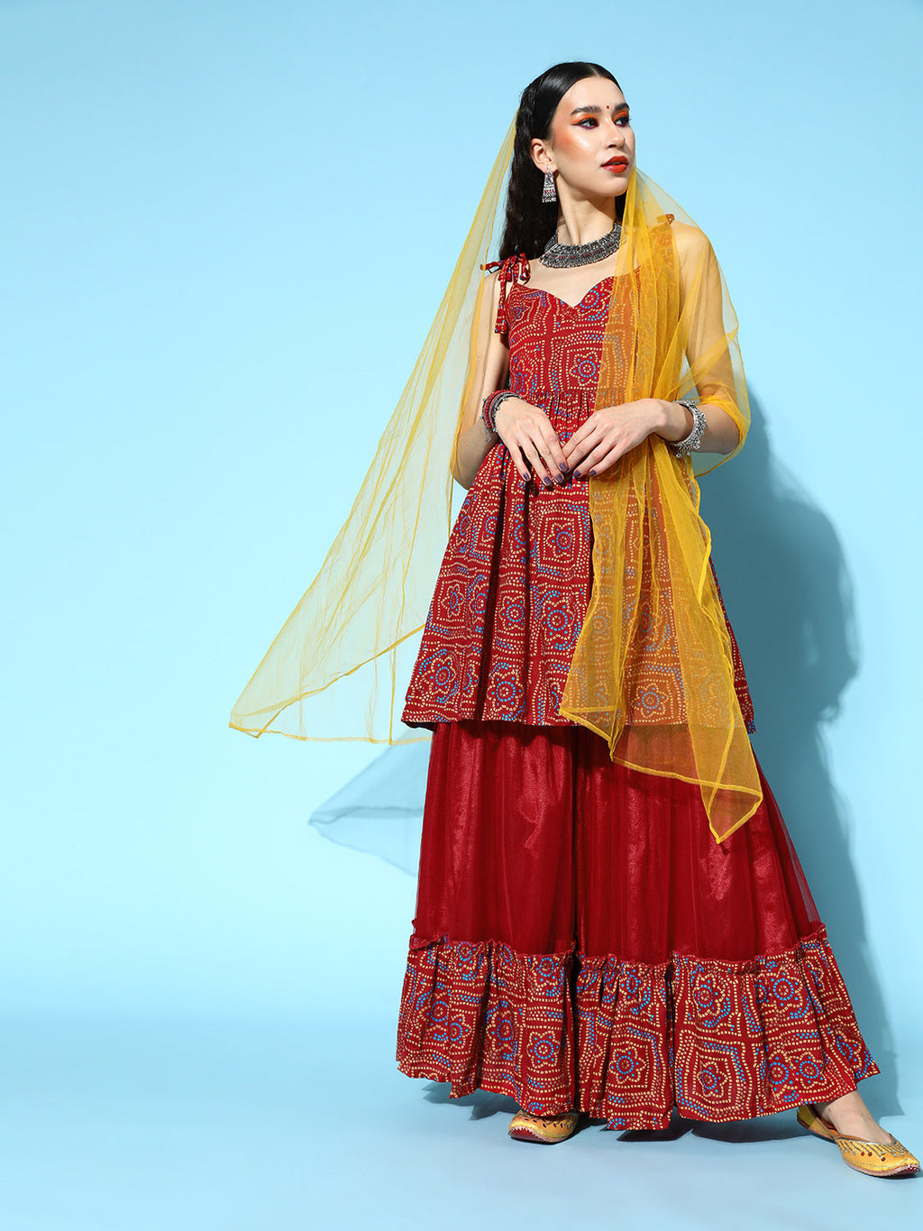 InWeave Women's Maroon Bandhani Net Sharara Set With Dupatta | Grocsy