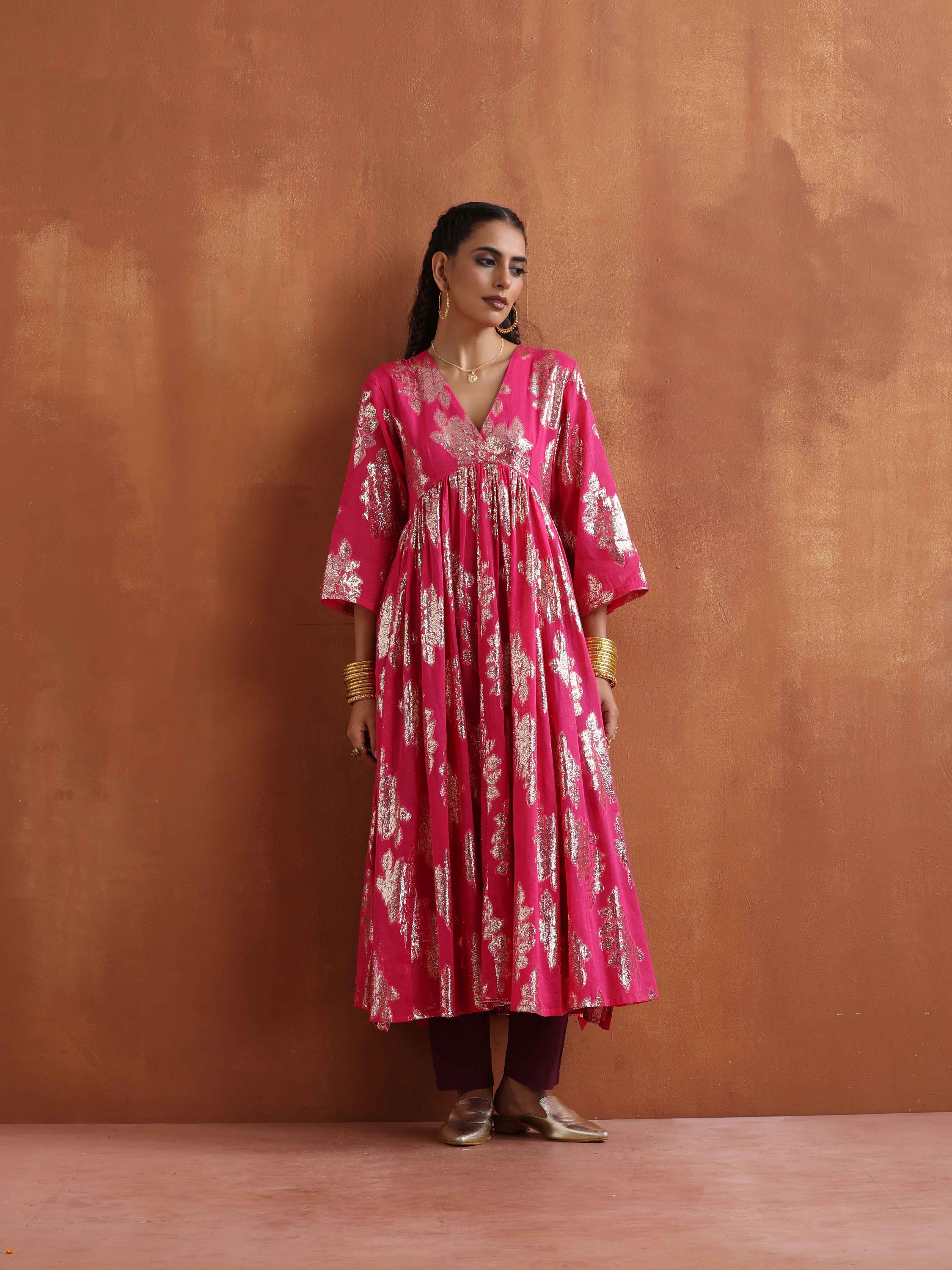 trueBrowns Pink Metallic Flared Anarkali Kurta Set | Grocsy