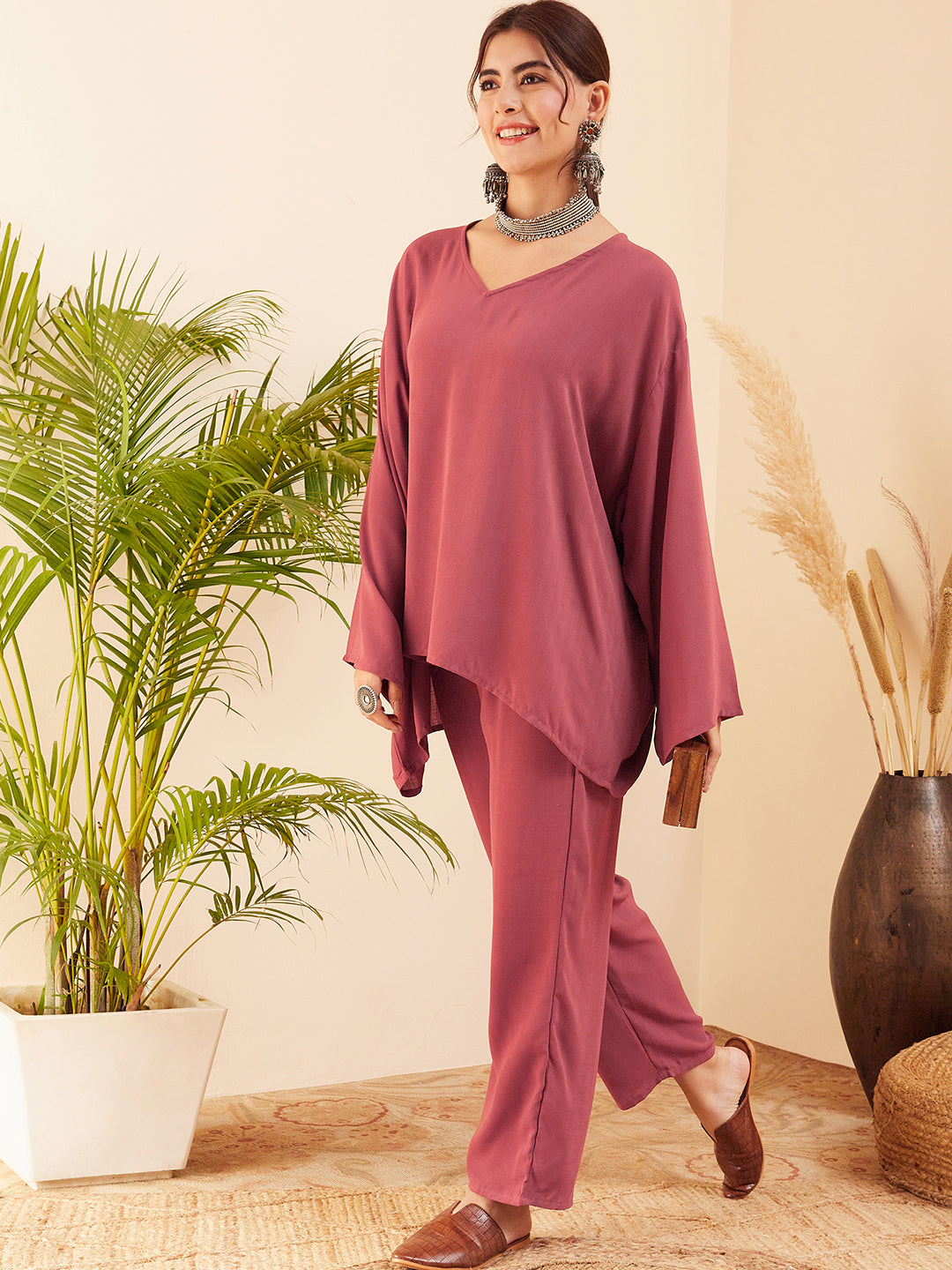 InWeave Women's Light Brown Full Sleeve Boho Top Bottom Set | Grocsy