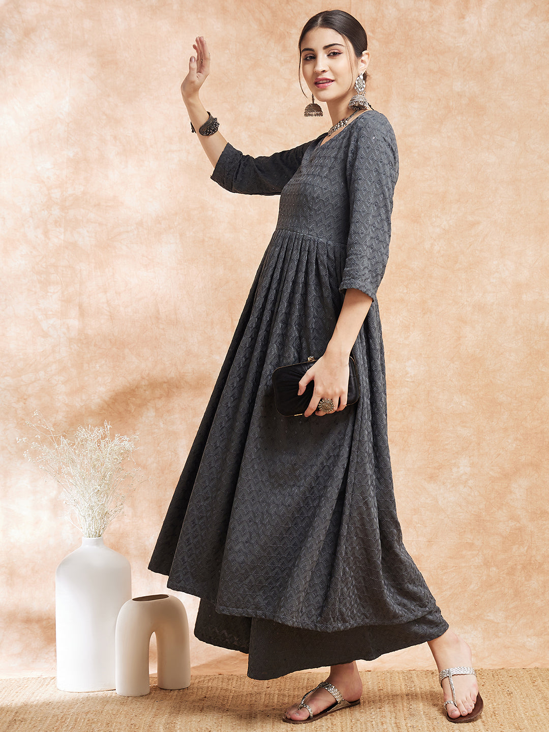 InWeave Women's Grey Chikankari Long Anarkali Kurta Sharara Set | Grocsy