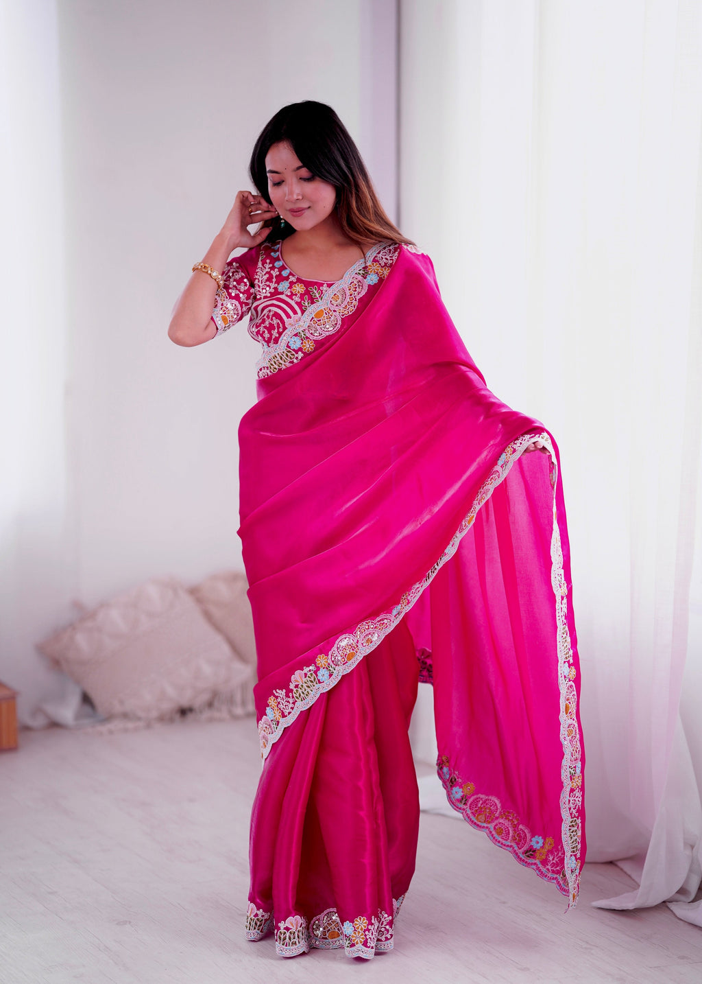 Lorenvalley Fashion Magenta Jimmy Choo with Embroidery Threads Codding & Sequins Work Saree with Blouse | Grocsy