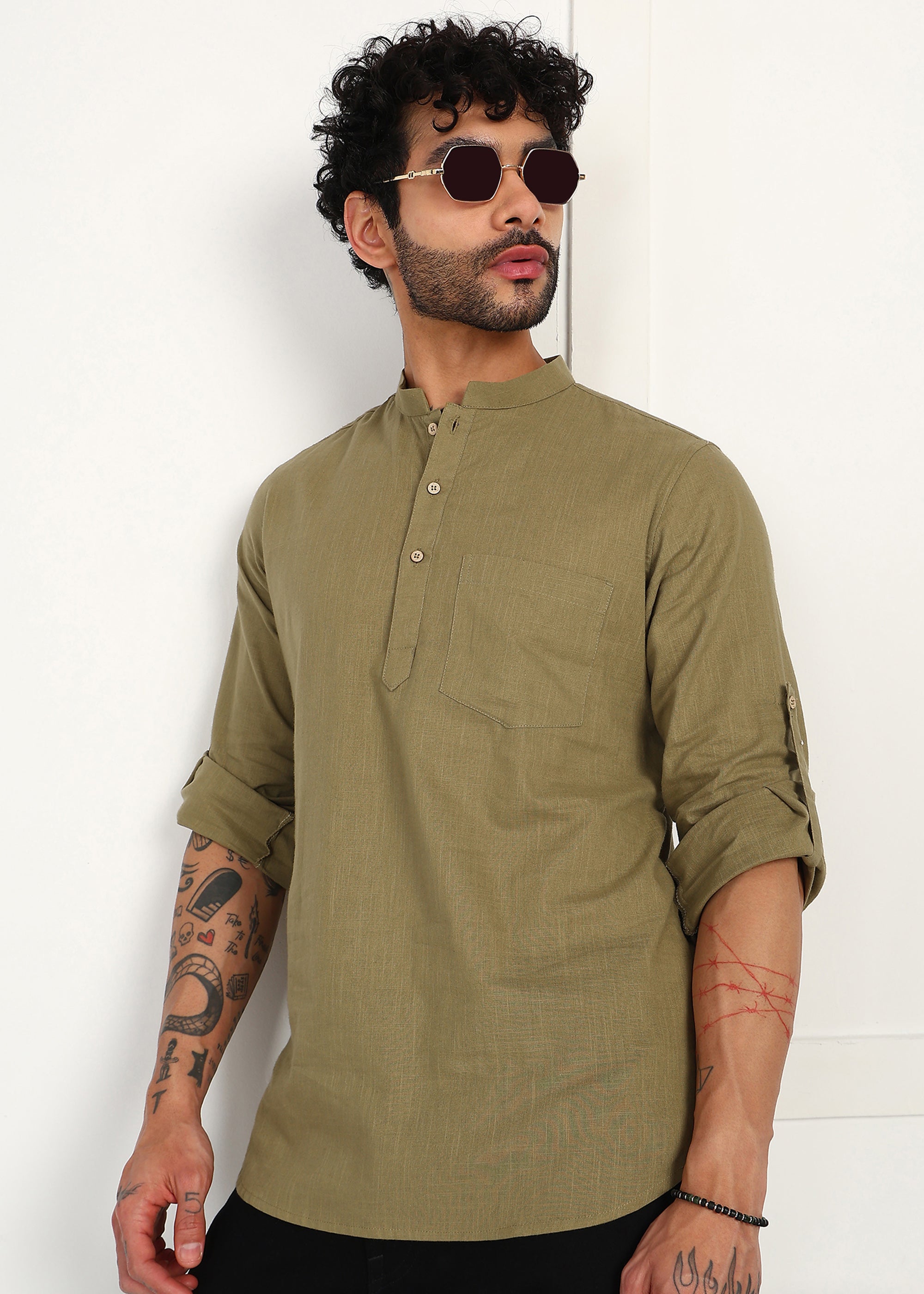 Fabmade Olive Root Linen Short Kurta | Grocsy