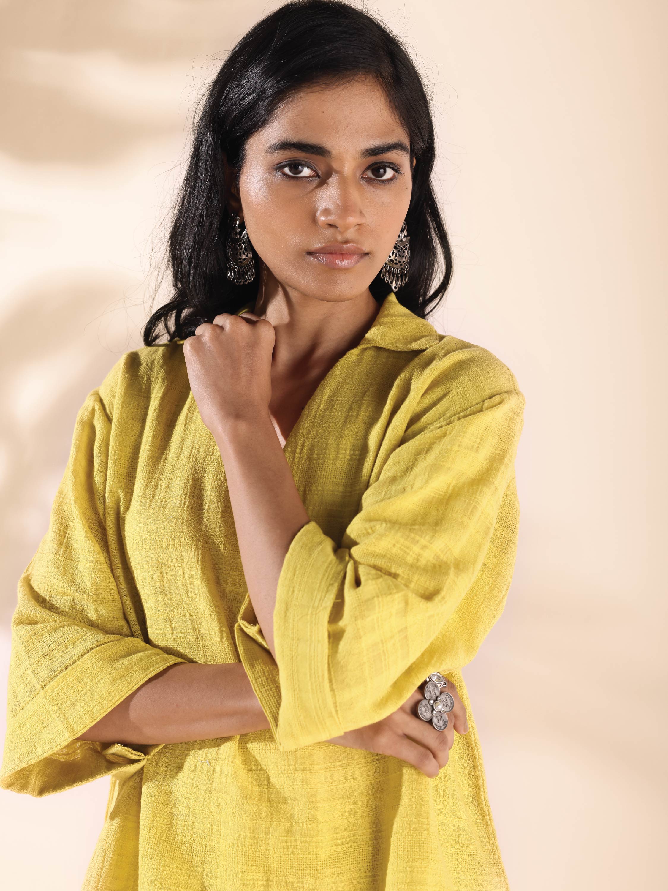 trueBrowns Lime Cotton Dobby V-Neck Co-ord Set | Grocsy