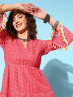 InWeave Women's Peach Lacy Dress With Tassels | Grocsy