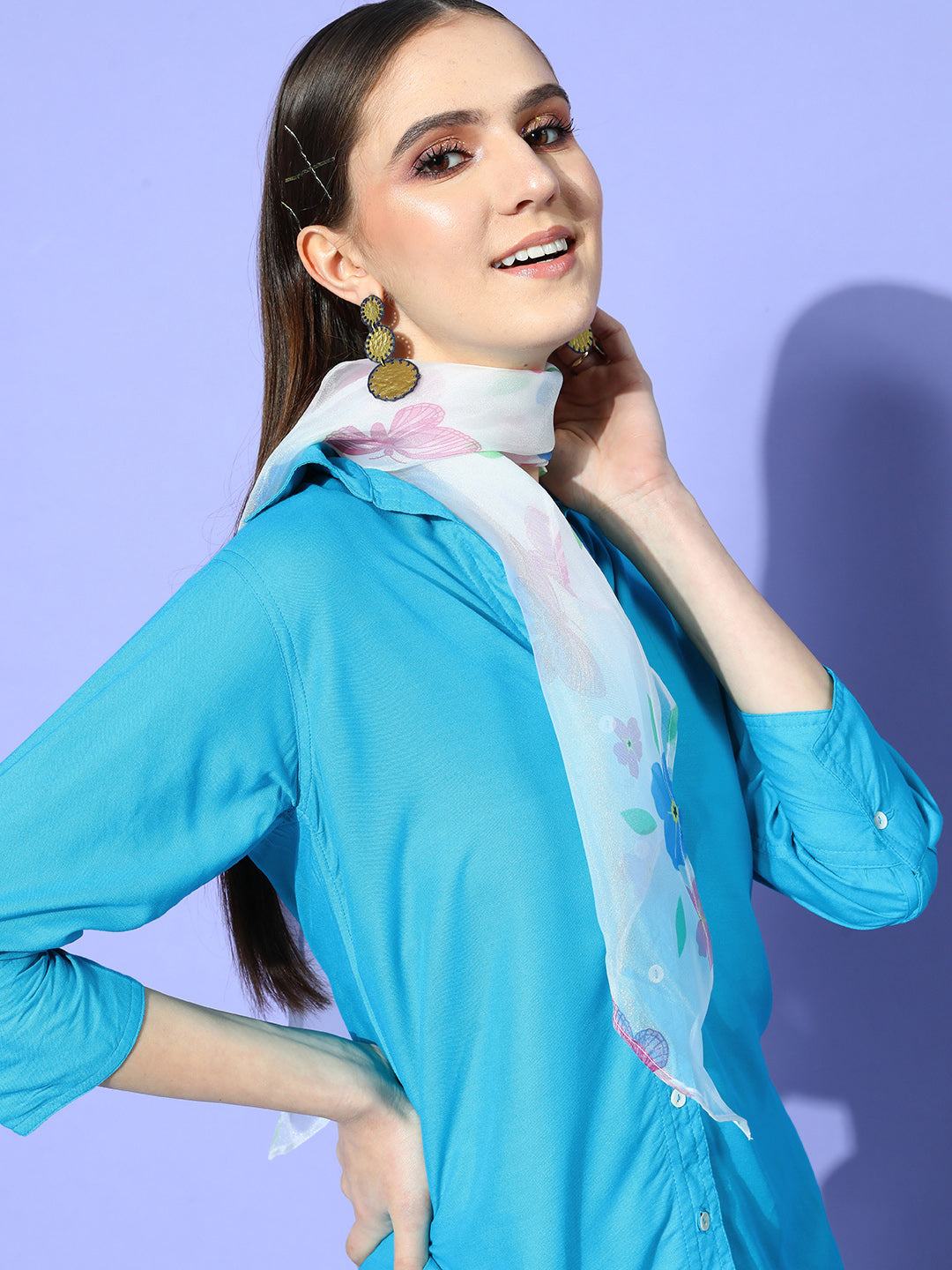 InWeave Women's Aqua Blue Coord Set With White Butterfly Scarf | Grocsy