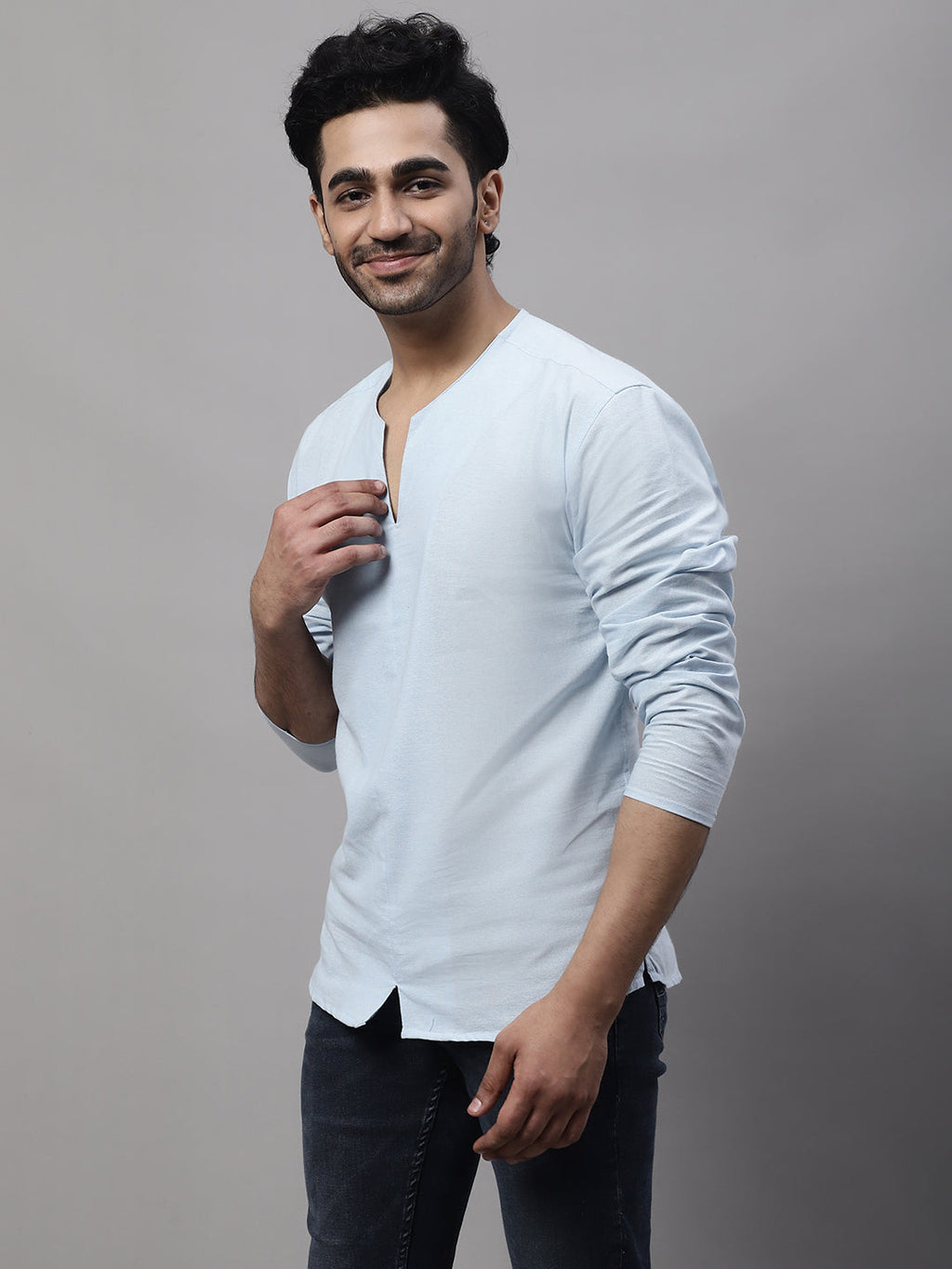 Even Apparels Blue Pure Cotton Open Neck Kurta | Grocsy
