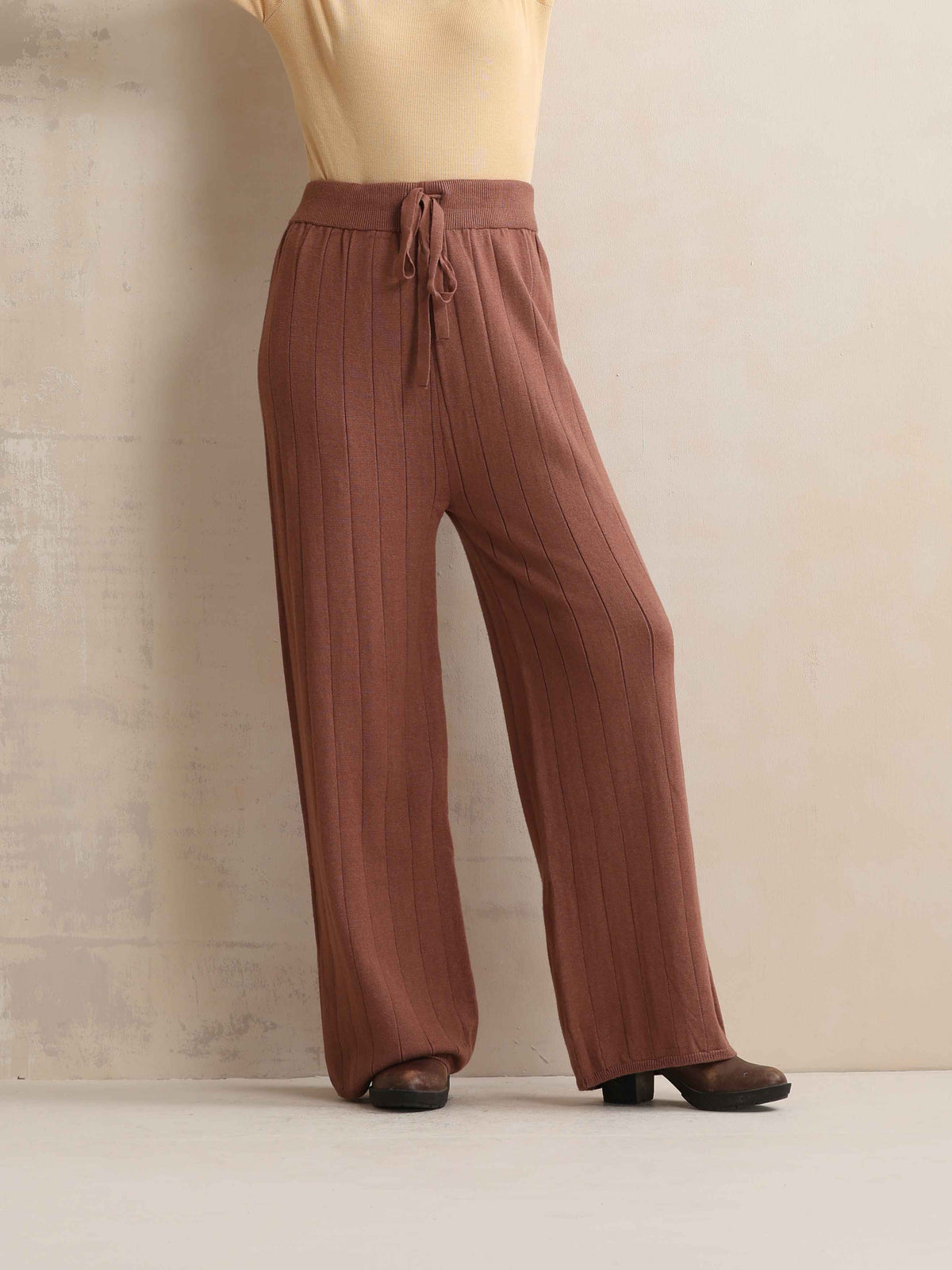trueBrowns Peach Woollen Flared Pants | Grocsy