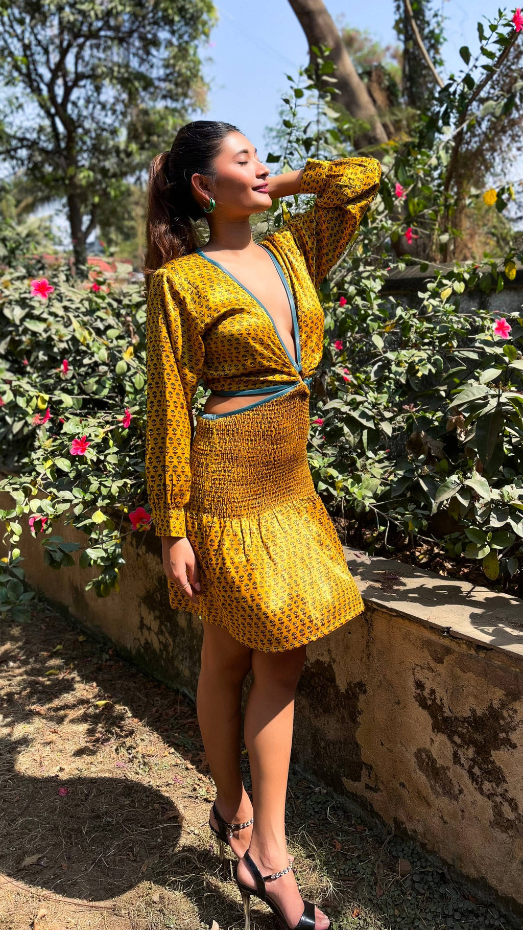 Noroke Yellow silk cut out short dress | Grocsy