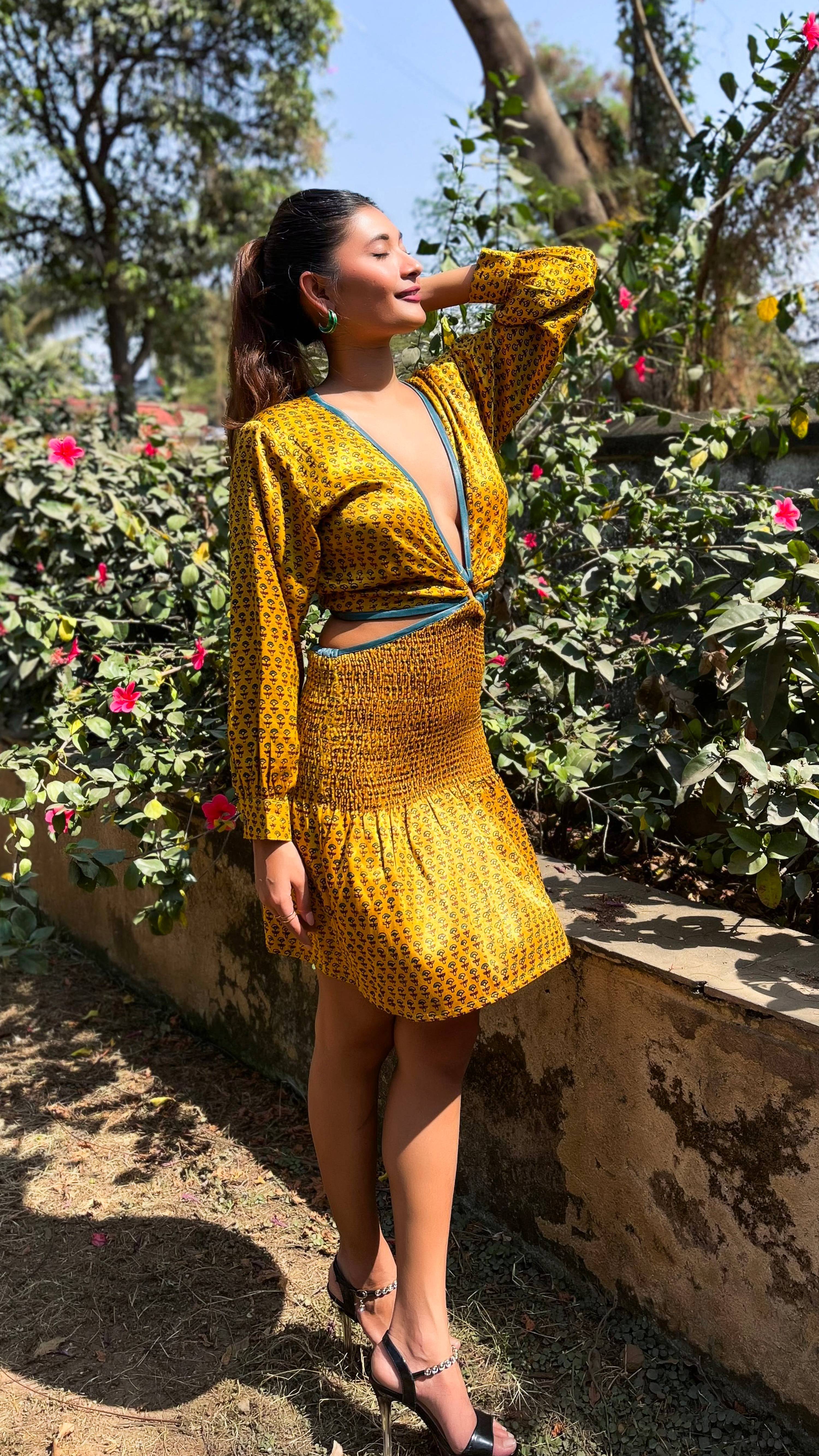 Noroke Yellow silk cut out short dress | Grocsy