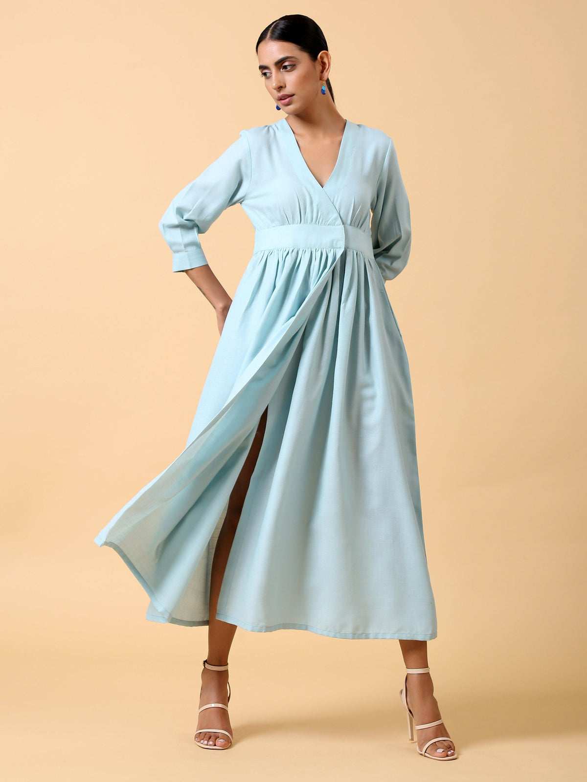 trueBrowns Cotton Linen Light Blue Wrap Dress | Grocsy
