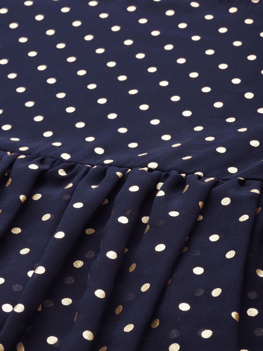 Ahalyaa Women Navy Blue & Golden Polka Dots Print Tiered Beautiful Tunic | Grocsy