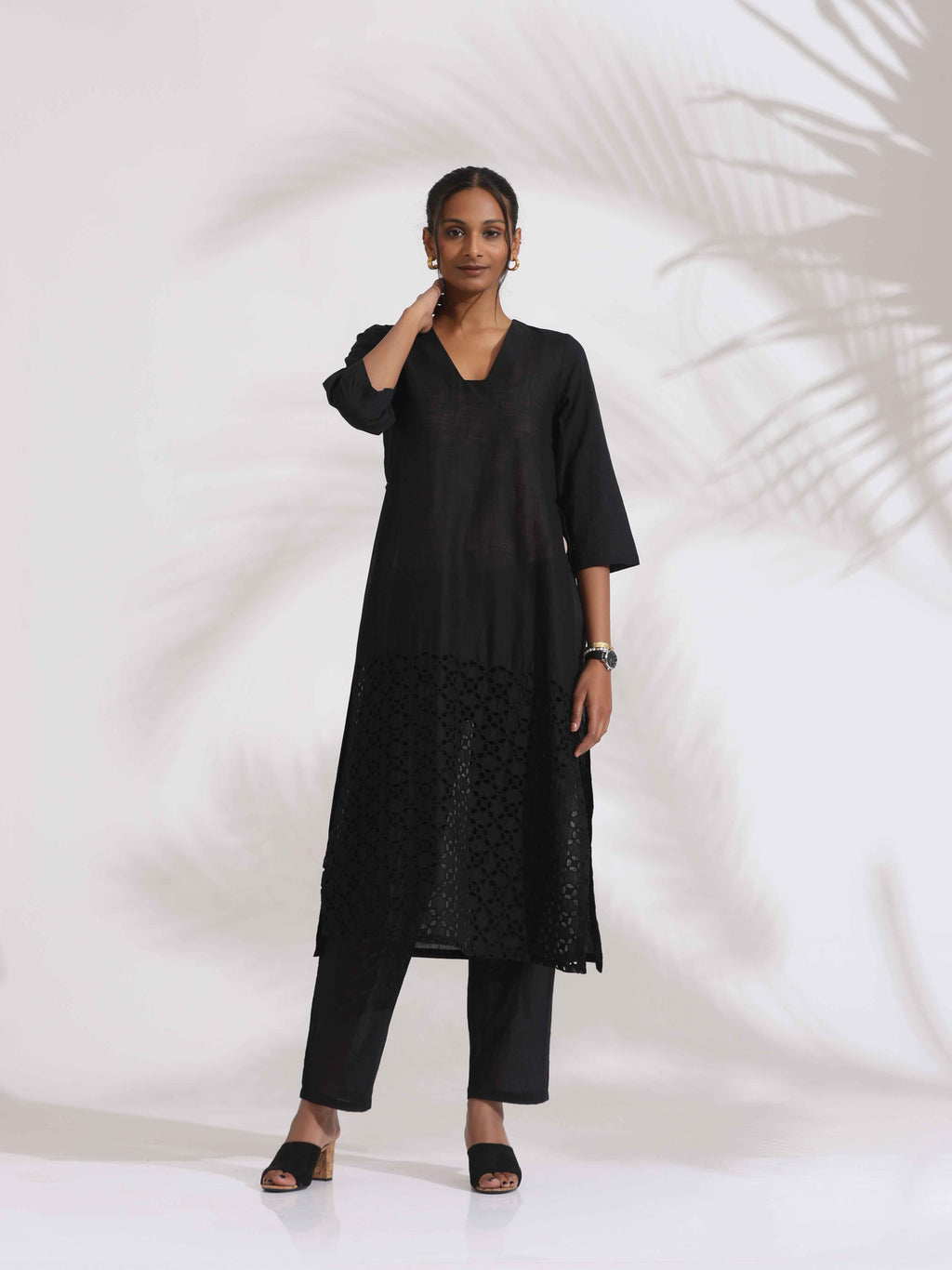 trueBrowns Black Cotton Schiffli Kurta Set | Grocsy