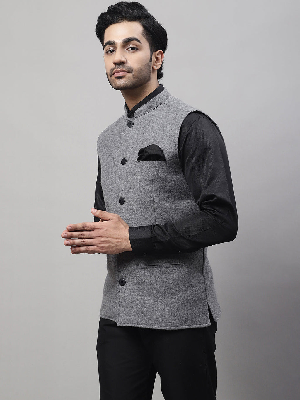 Even Apparels Men's Grey Pure Wool Nehru Jacket | Grocsy
