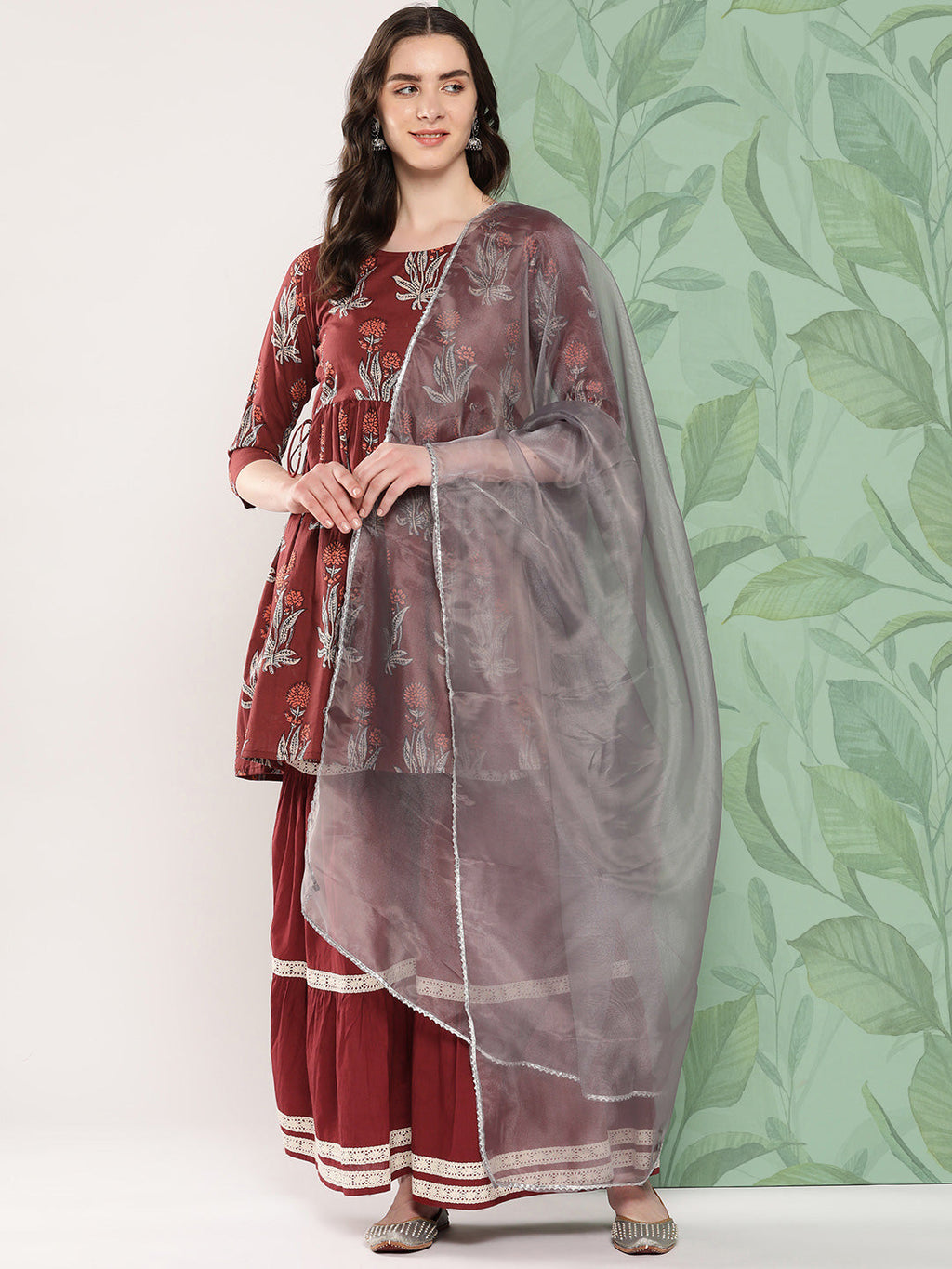 InWeave Women's Brick Rust Boota Sharara Set With Dupatta | Grocsy