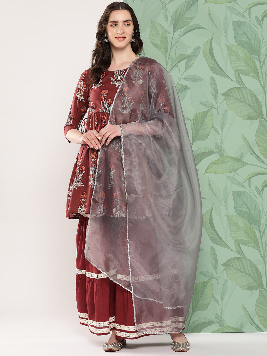 InWeave Women's Brick Rust Boota Sharara Set With Dupatta | Grocsy