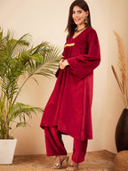 InWeave Women's Barn Red V Neck Asymmetrical Pleated Velvet Kurta Set | Grocsy