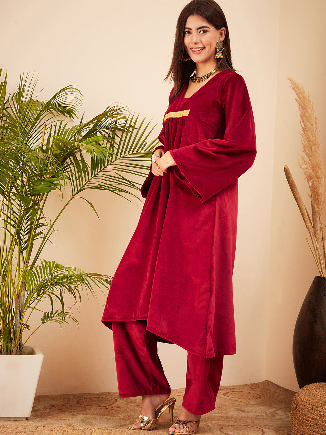 InWeave Women's Barn Red V Neck Asymmetrical Pleated Velvet Kurta Set | Grocsy