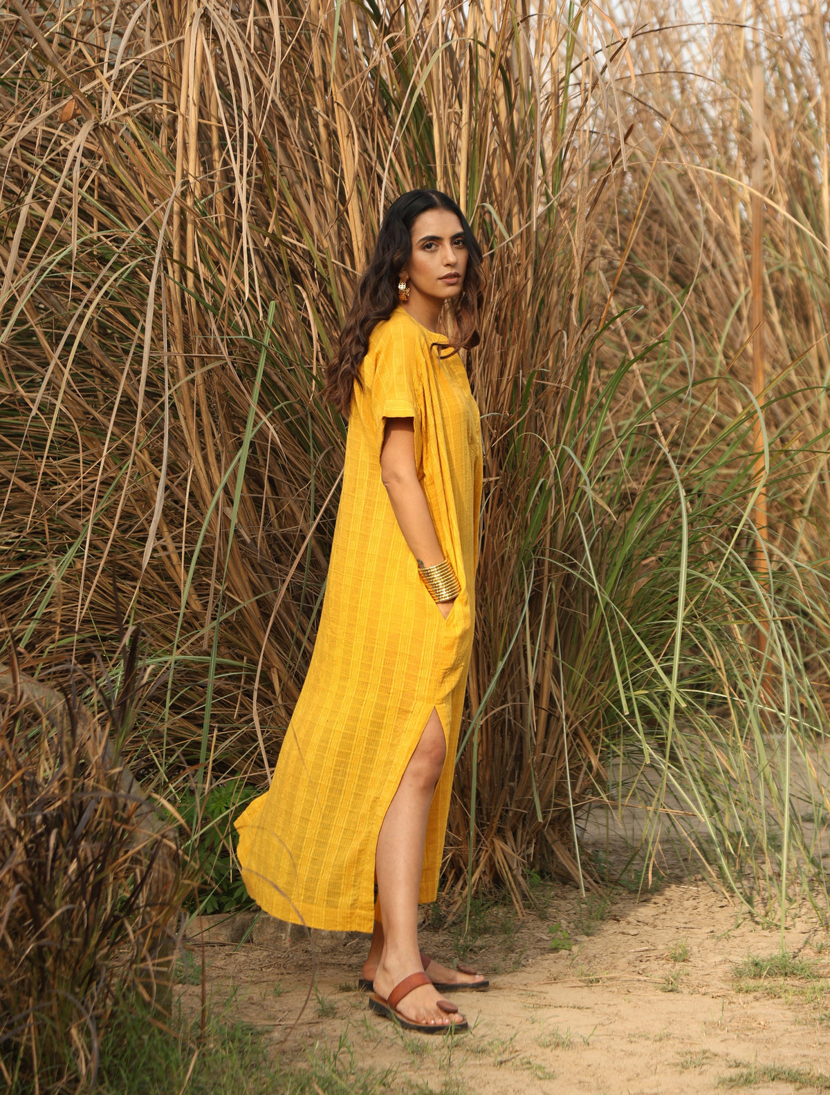 trueBrowns Mustard Cotton Dobby Oversized Dress | Grocsy