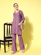 InWeave Women's Mauve Coord Set With Crepe Peach Crop Top | Grocsy