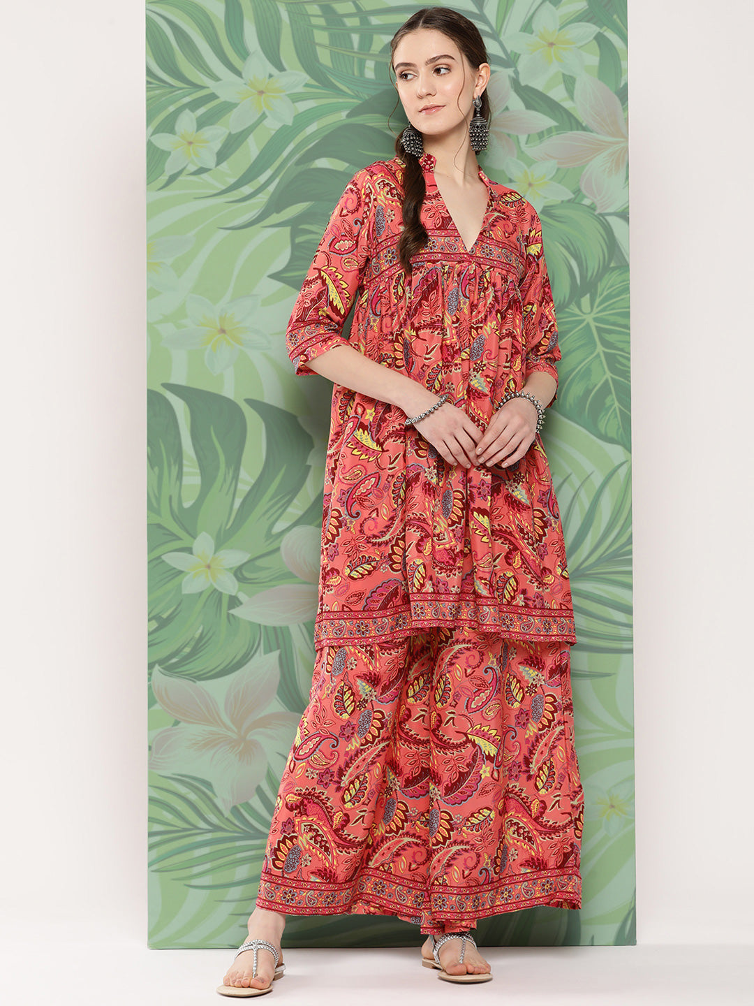 InWeave Women's Peach Camelia Printed Ethnic Kurta Set | Grocsy