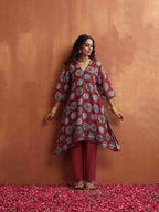 trueBrowns Maroon Print A-line Kurta Co-ord Set | Grocsy
