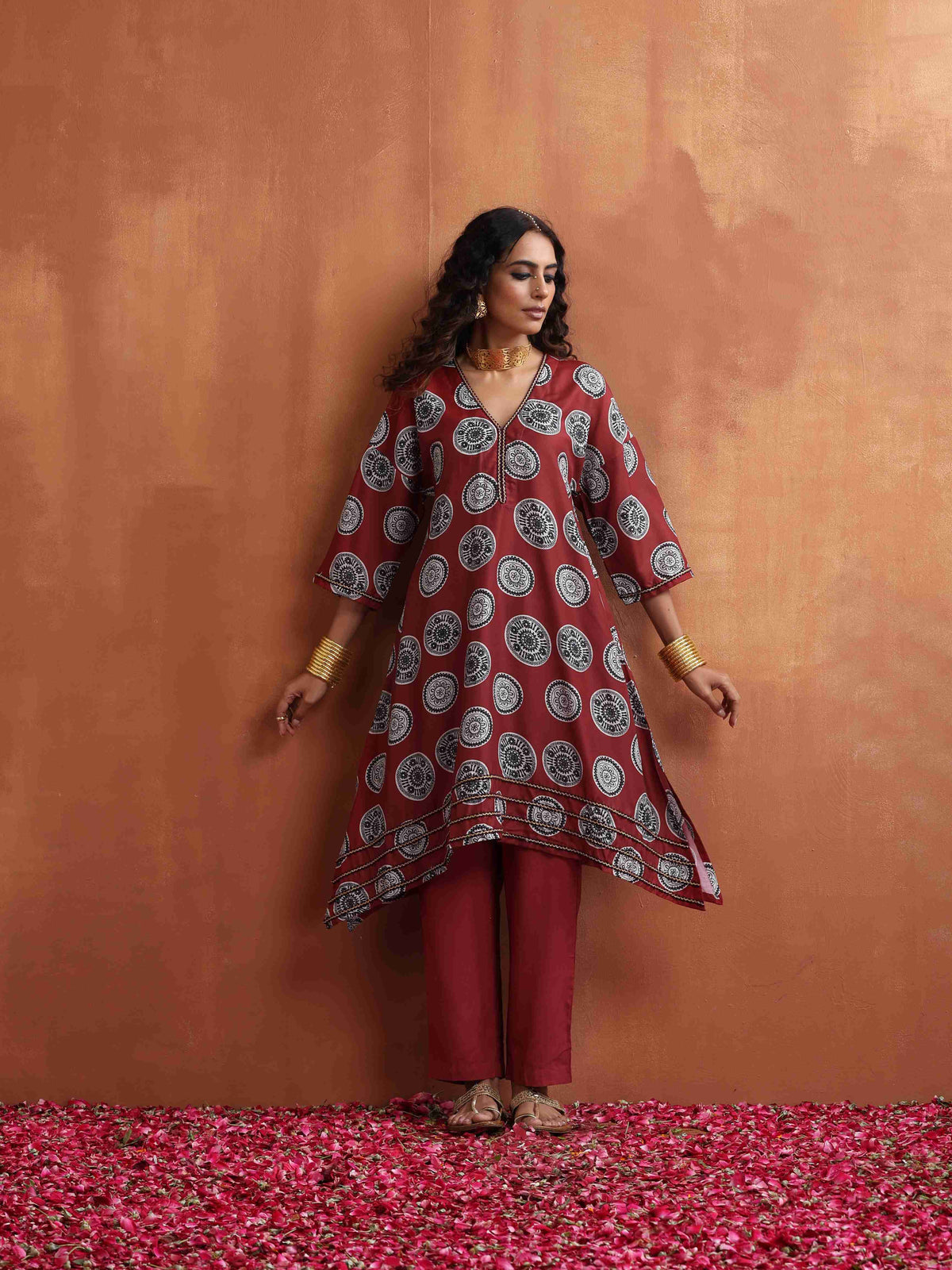 trueBrowns Maroon Print A-line Kurta Co-ord Set | Grocsy
