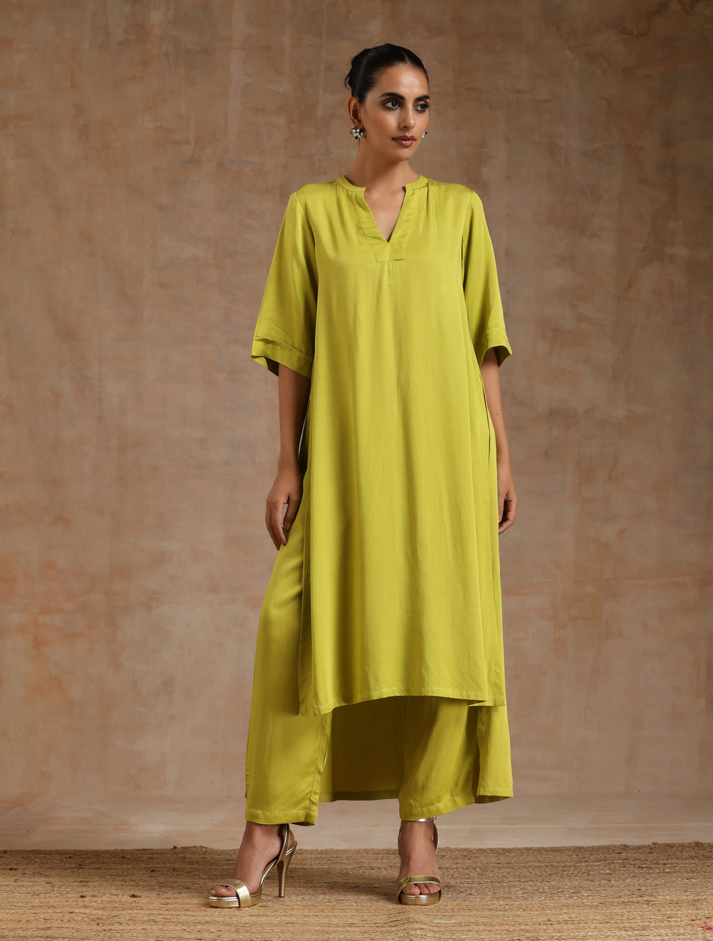 trueBrowns Lime Modal Satin High-Low Relax Kurta Set | Grocsy