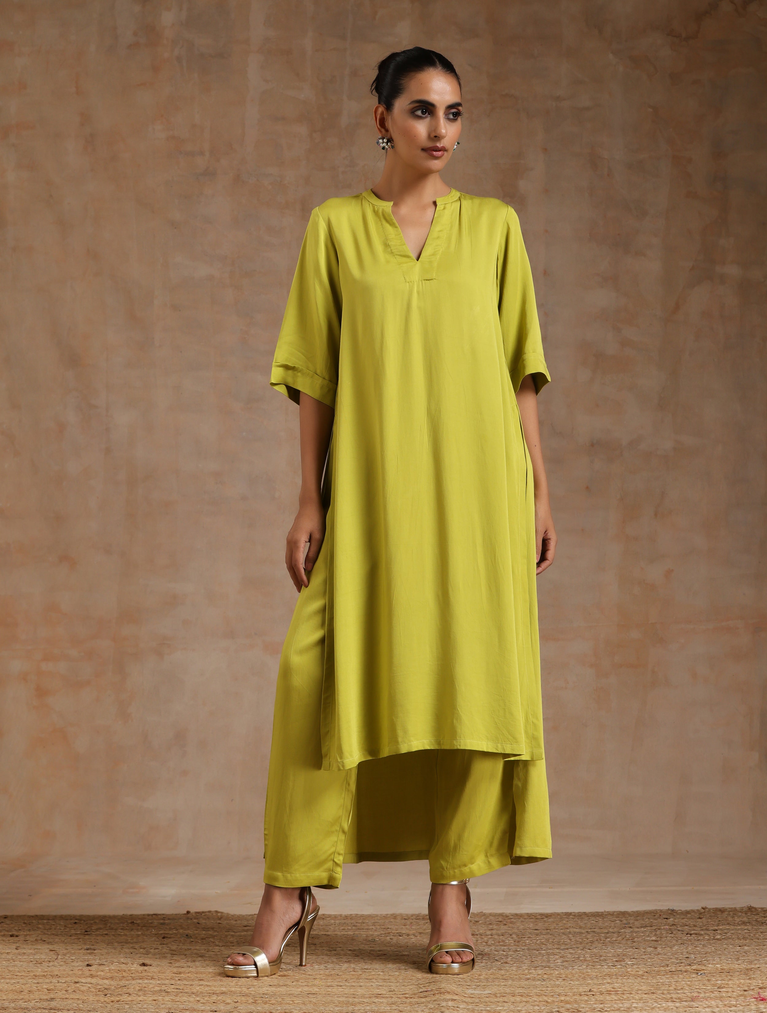 trueBrowns Lime Modal Satin High-Low Relax Kurta Set | Grocsy