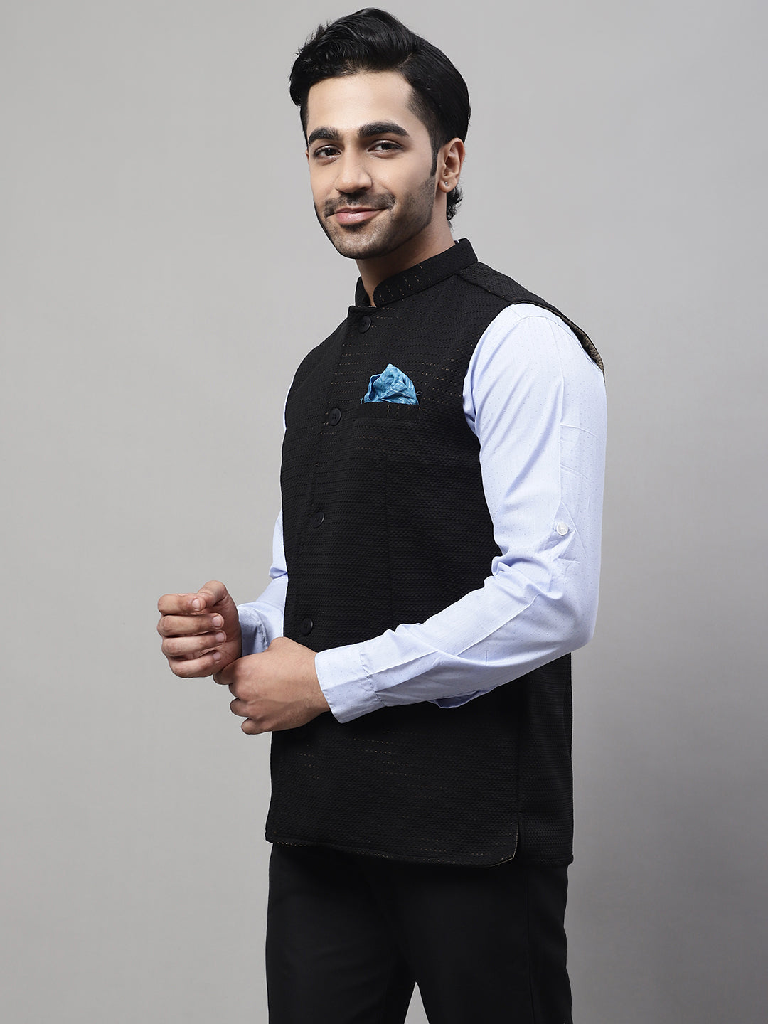 Even Apparels Men's Black Nehru Jacket With Welt Pockets | Grocsy