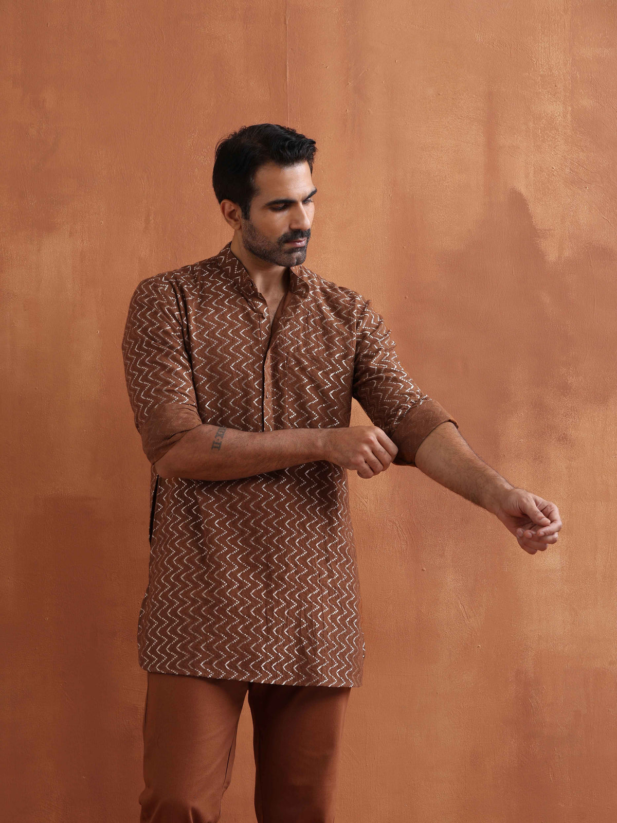 trueBrowns Men's Brown Cotton Dobby Short Kurta | Grocsy
