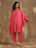trueBrowns Pink Lehariya Printed Silk Kaftan Co-Ord Set | Grocsy