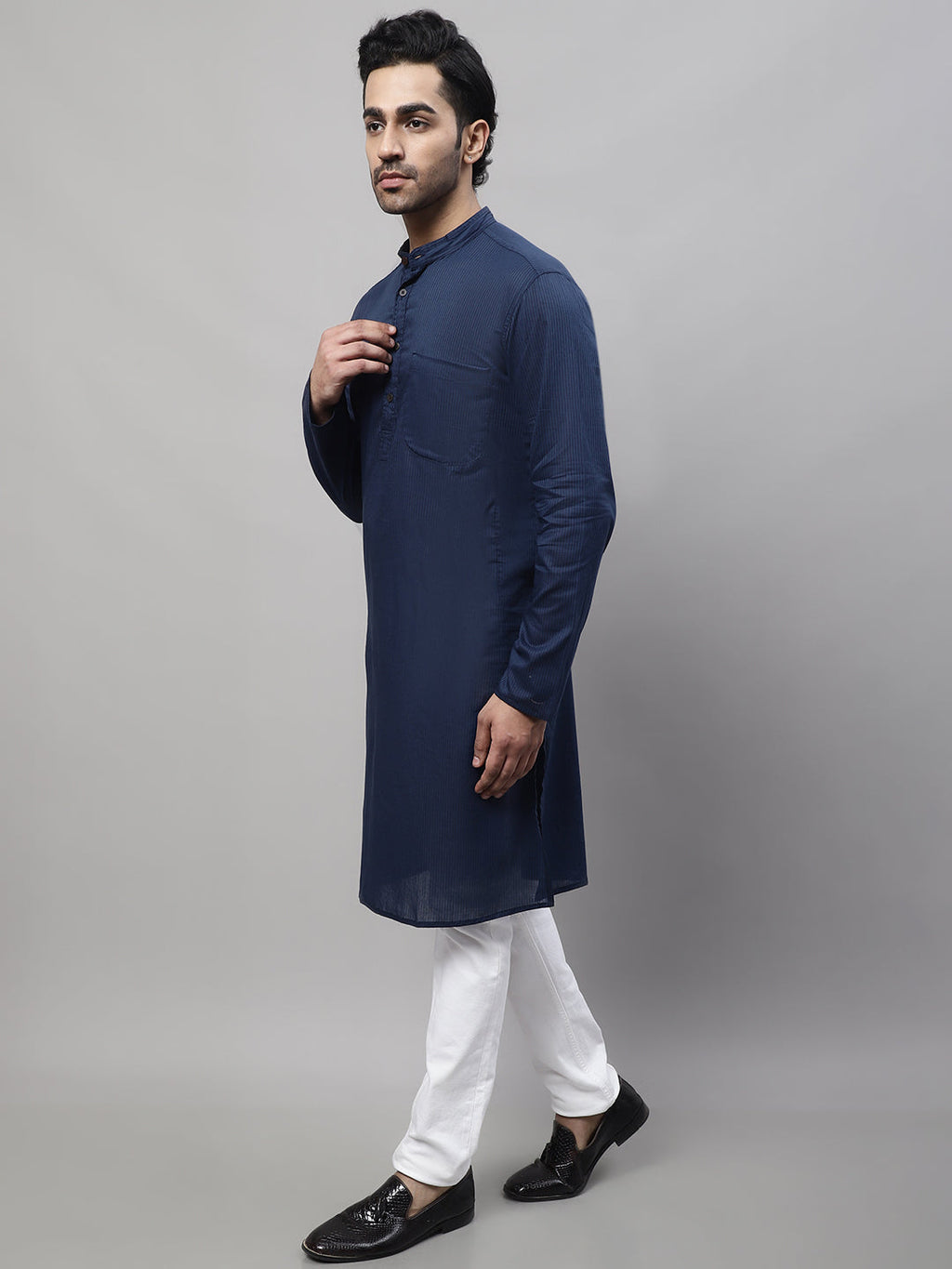 Even Apparels Blue Pure Cotton Kurta With Band Collar | Grocsy