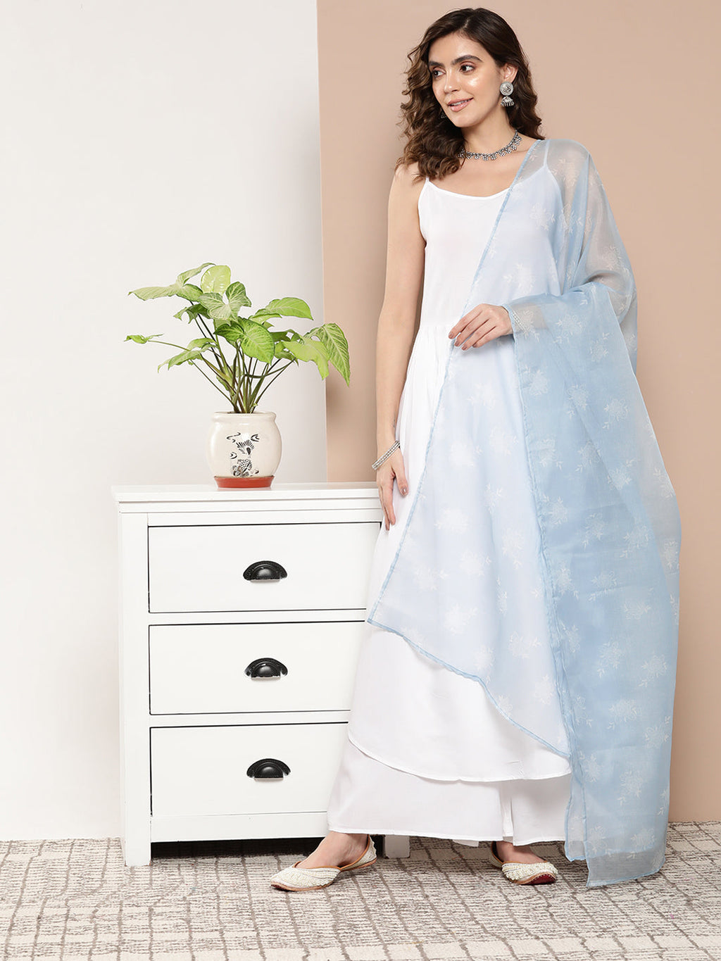 InWeave Women's Cream Strappy With Blue White Chintz Organza Dupatta | Grocsy