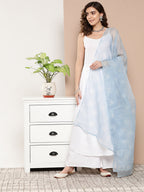 InWeave Women's Cream Strappy With Blue White Chintz Organza Dupatta | Grocsy