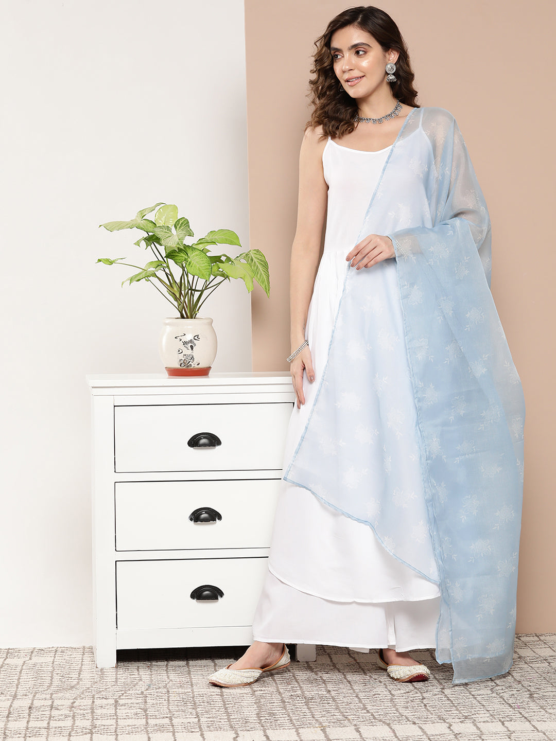 InWeave Women's Cream Strappy With Blue White Chintz Organza Dupatta | Grocsy