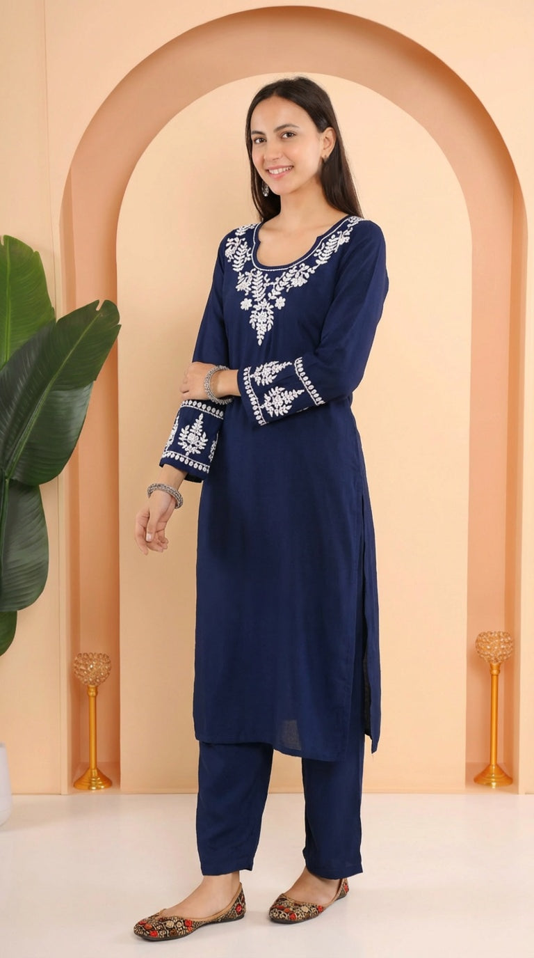 Gharana India Ishq Luxury Rayon 2Pc Navy Blue Chikankari Kurta Set | Grocsy
