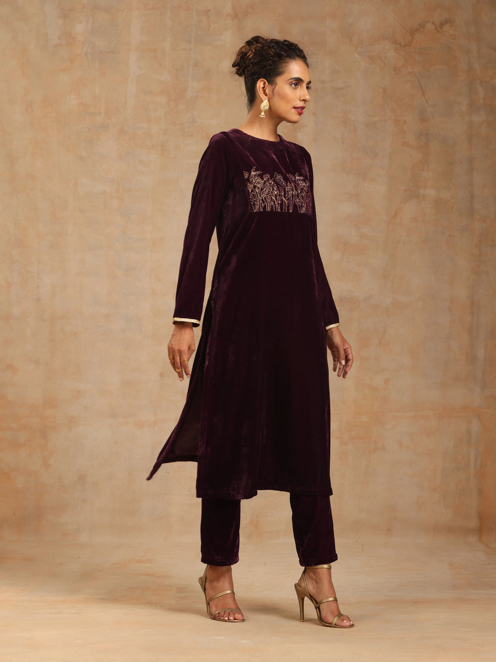trueBrowns Wine Velvet Yoke Embroidered Kurta | Grocsy