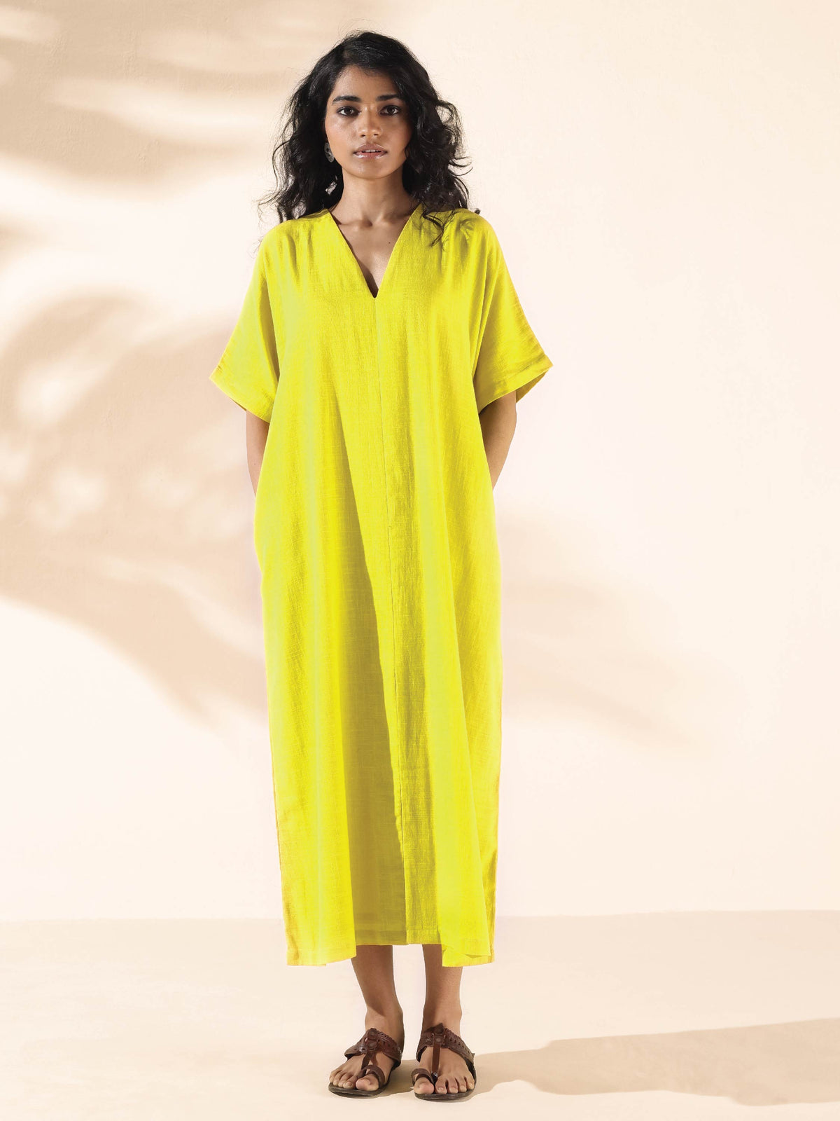trueBrowns Lime Cotton Front Slit Dress | Grocsy