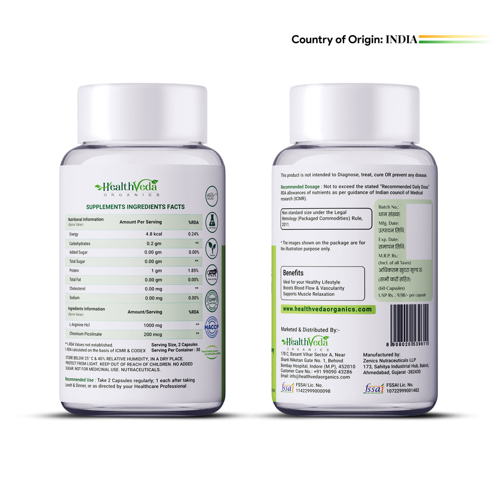 Health Veda Organics L Arginine Veg Capsules | Grocsy