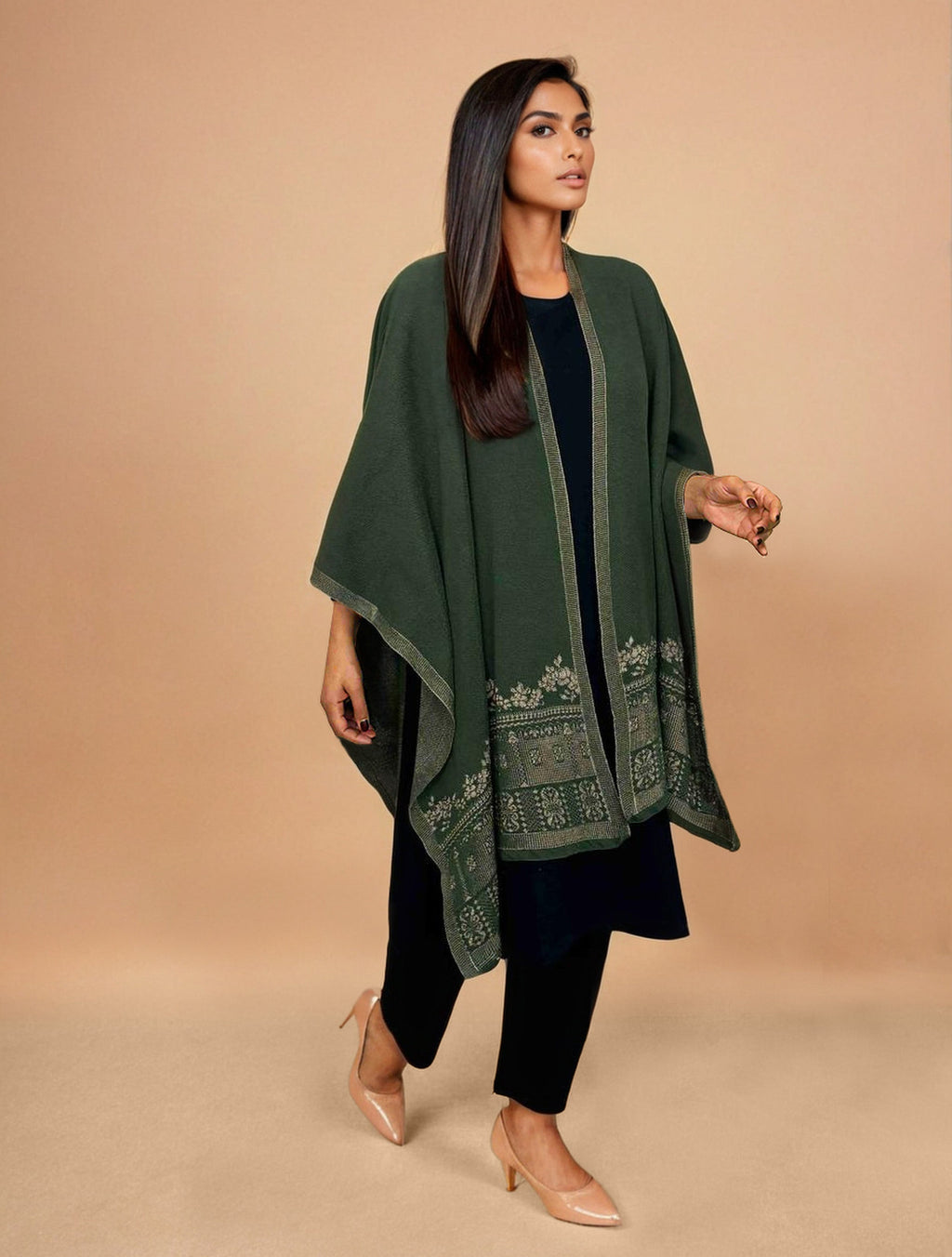trueBrowns Green Woollen Kaftan Cape | Grocsy