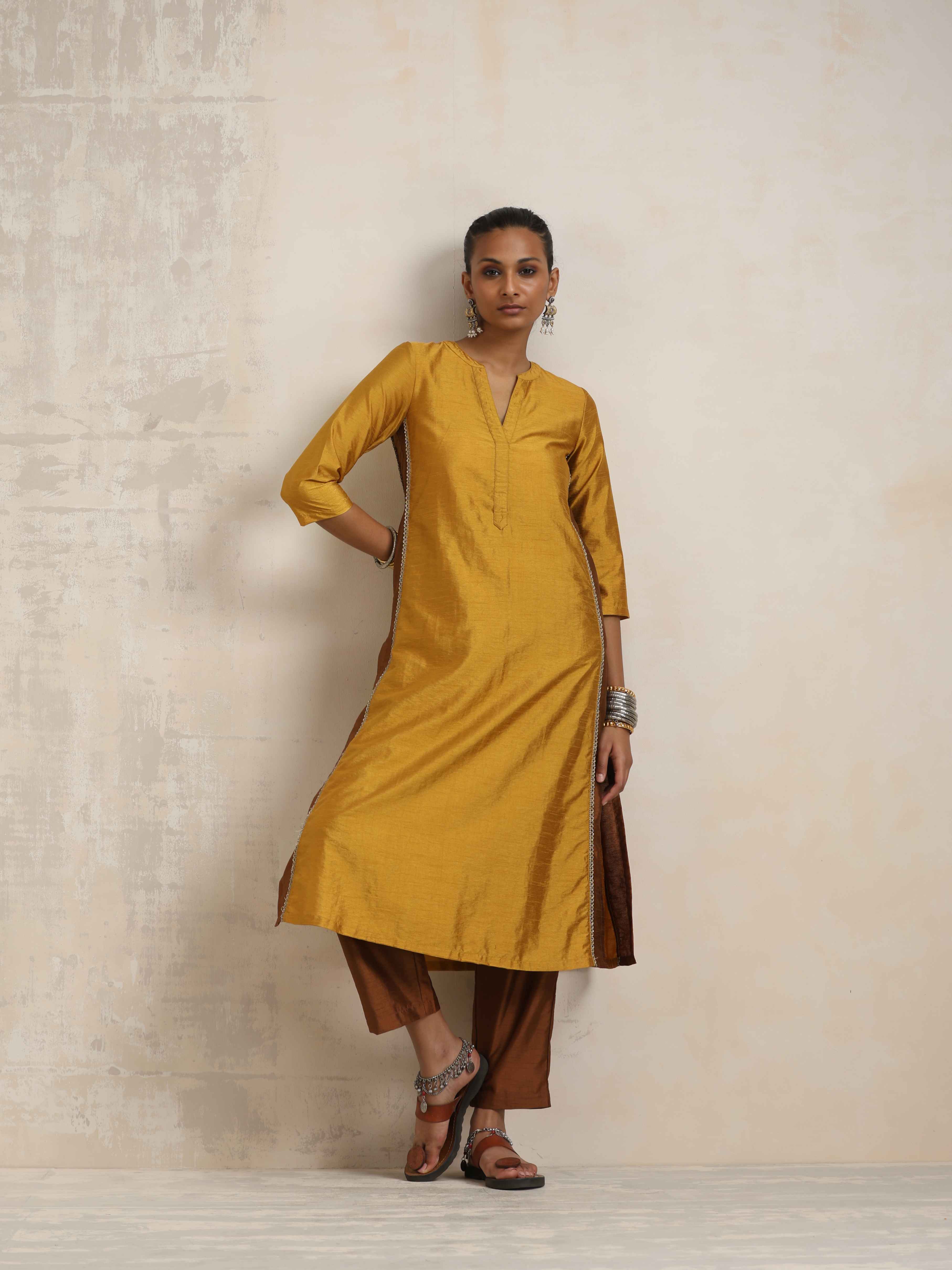 trueBrowns Gold Silk Kurta Set | Grocsy