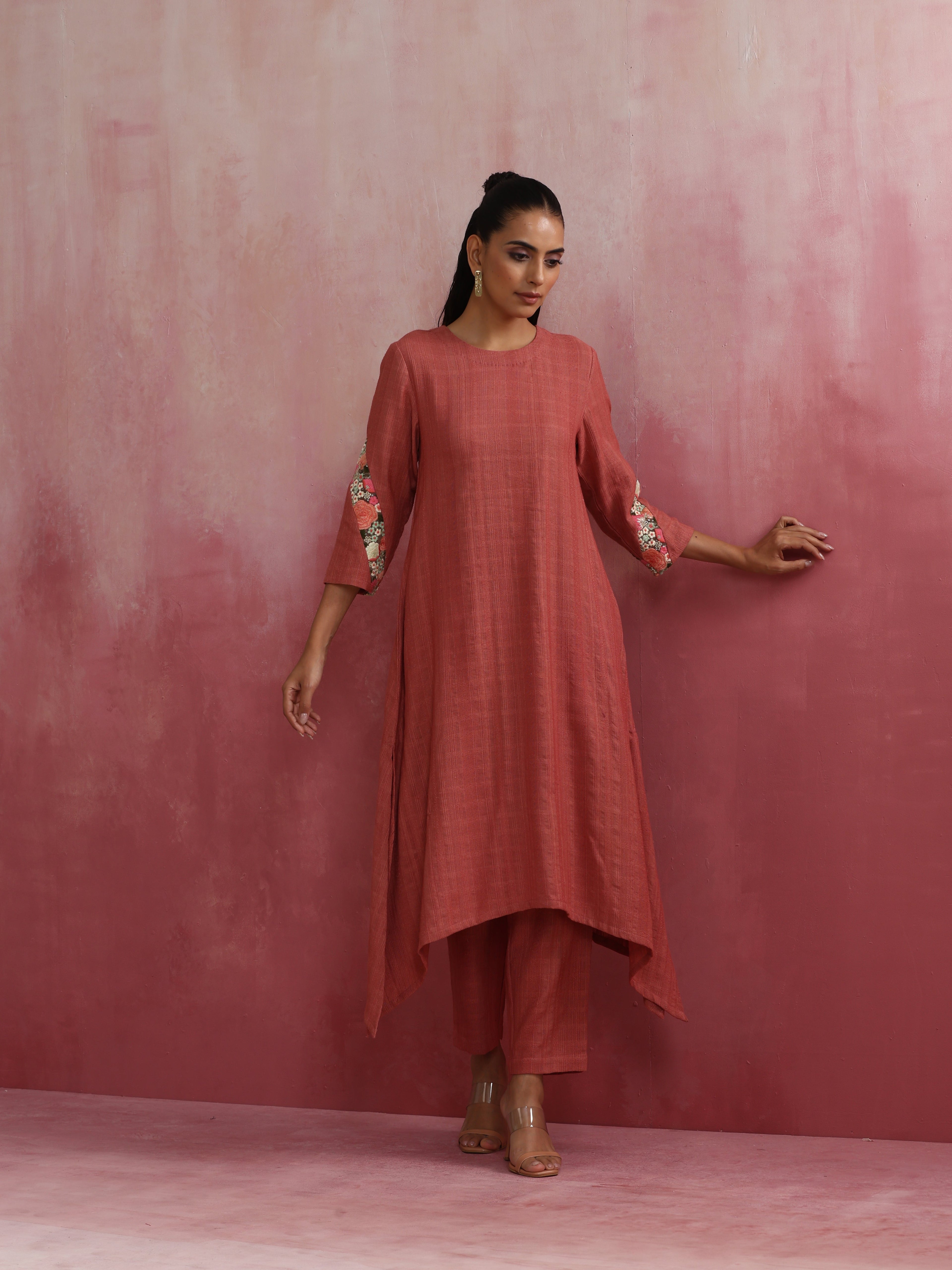 trueBrowns Peach Cotton Dobby Kurta Set | Grocsy