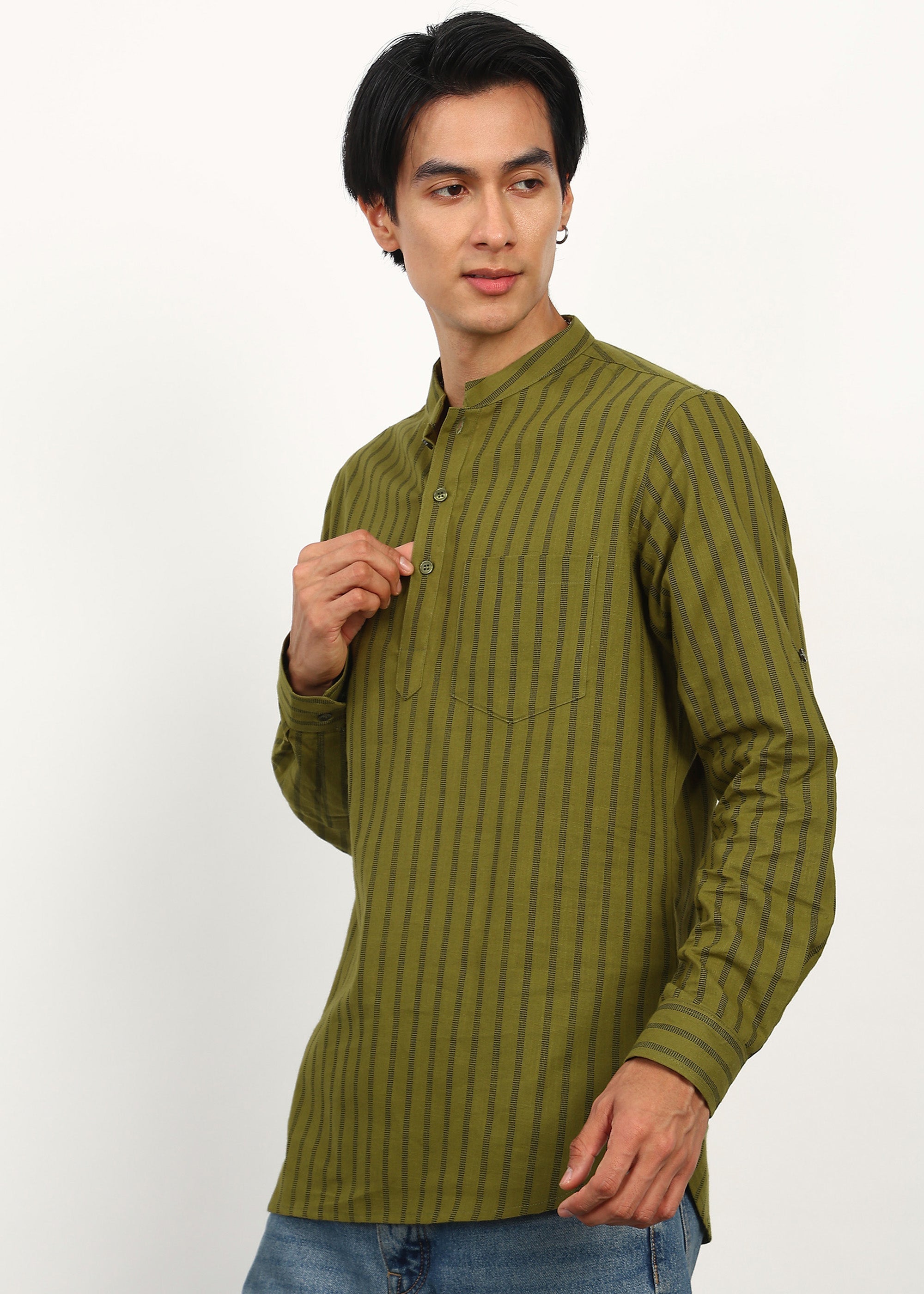 Fabmade Olive Stripe Linen Kurta | Grocsy