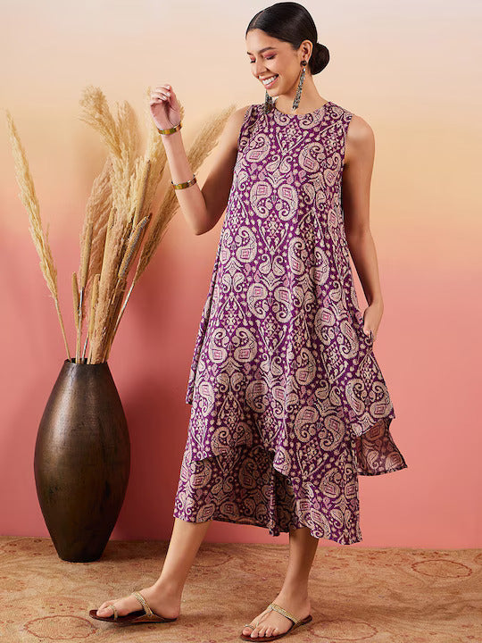 InWeave Dusty Mauve Paisley Round Neck Kurta Short Palazzo Set | Grocsy