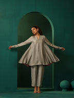 trueBrowns Grey Silk Flared Co-ord Set | Grocsy
